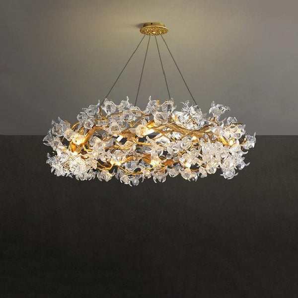 Branching Brass Arm Crystal Petal Chandelier