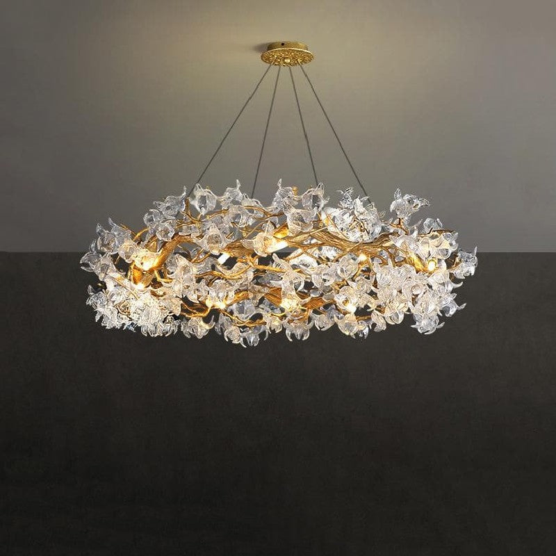 Branching Brass Arm Crystal Petal Chandelier