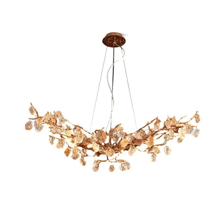 Branching Brass Chandelier with Amber Crystals
