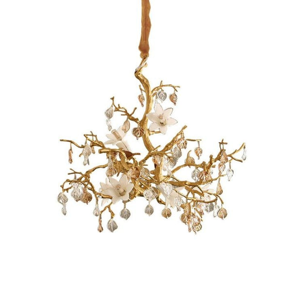 Branching Brass Chandelier with Clear and White Glass