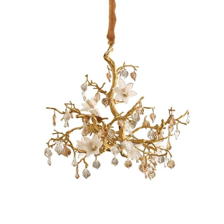 Branching Brass Chandelier with Clear and White Glass