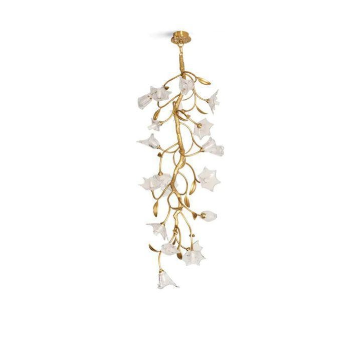 Branching Brass Chandelier with Clear Glass Blossoms