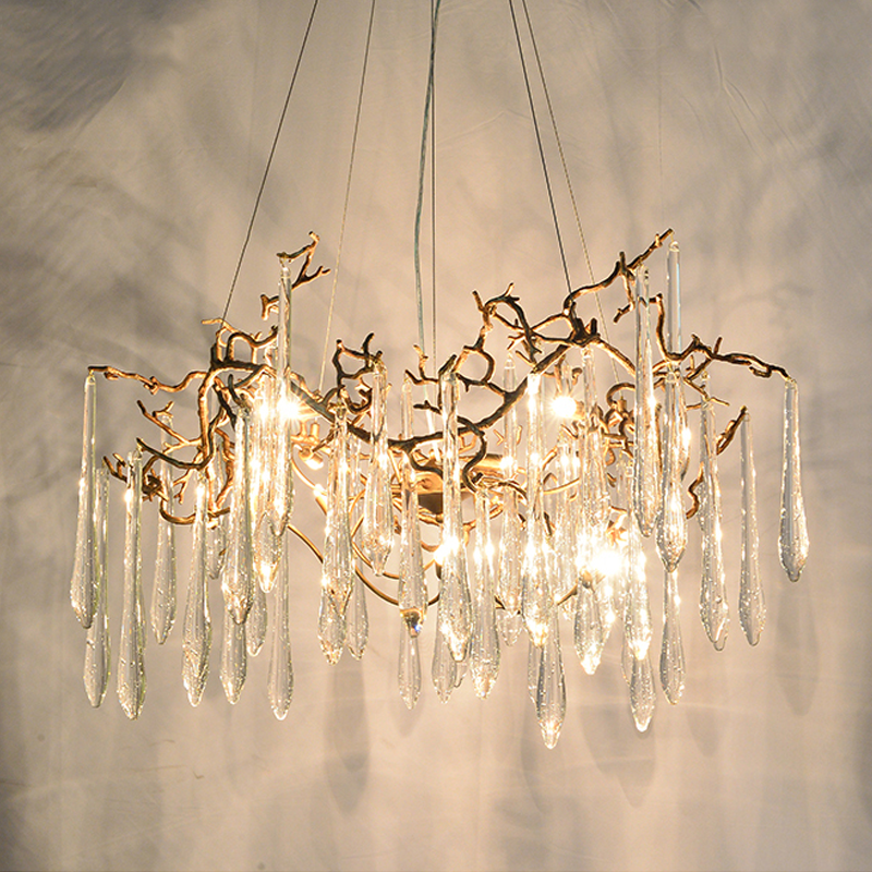 Branching Brass Chandelier with Crystal Accents