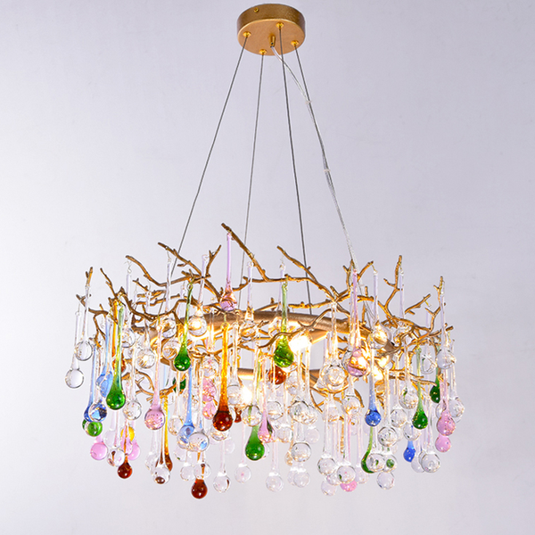 Branching Brass Chandelier with Crystal Droplets