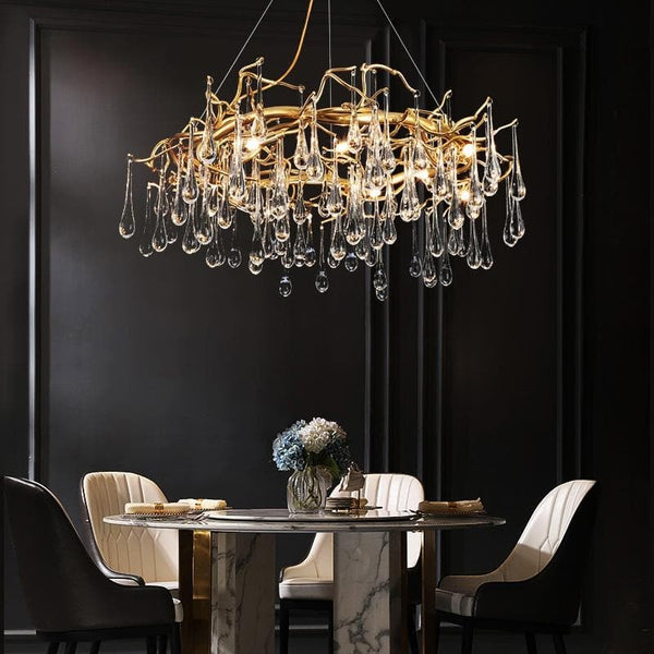 Branching Brass Chandelier with Crystal Teardrops