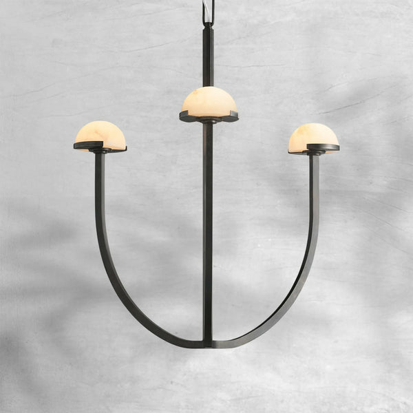 Branching Brass Chandelier with Domed Alabaster Shades