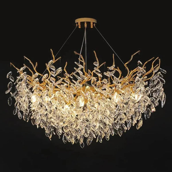 Branching Brass Chandelier with Faceted Crystal Clusters
