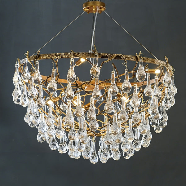 Branching Brass Chandelier with Glass Droplets
