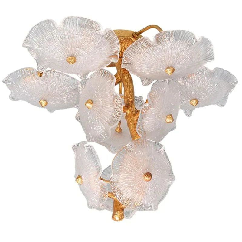 Branching Brass Chandelier with Glass Magnolia Blossoms