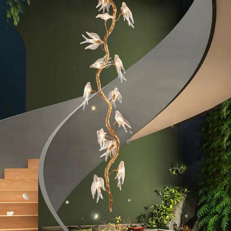 Branching Brass Chandelier with Glass Swallow Shades
