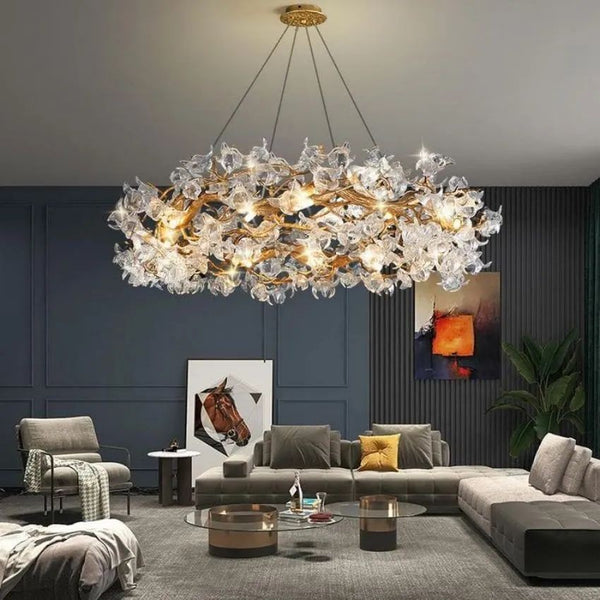 Branching Brass Chandelier with Glass Trumpet Blooms