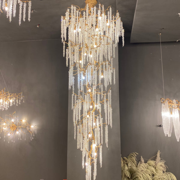 Branching Brass Chandelier with Hanging Crystal Icicles