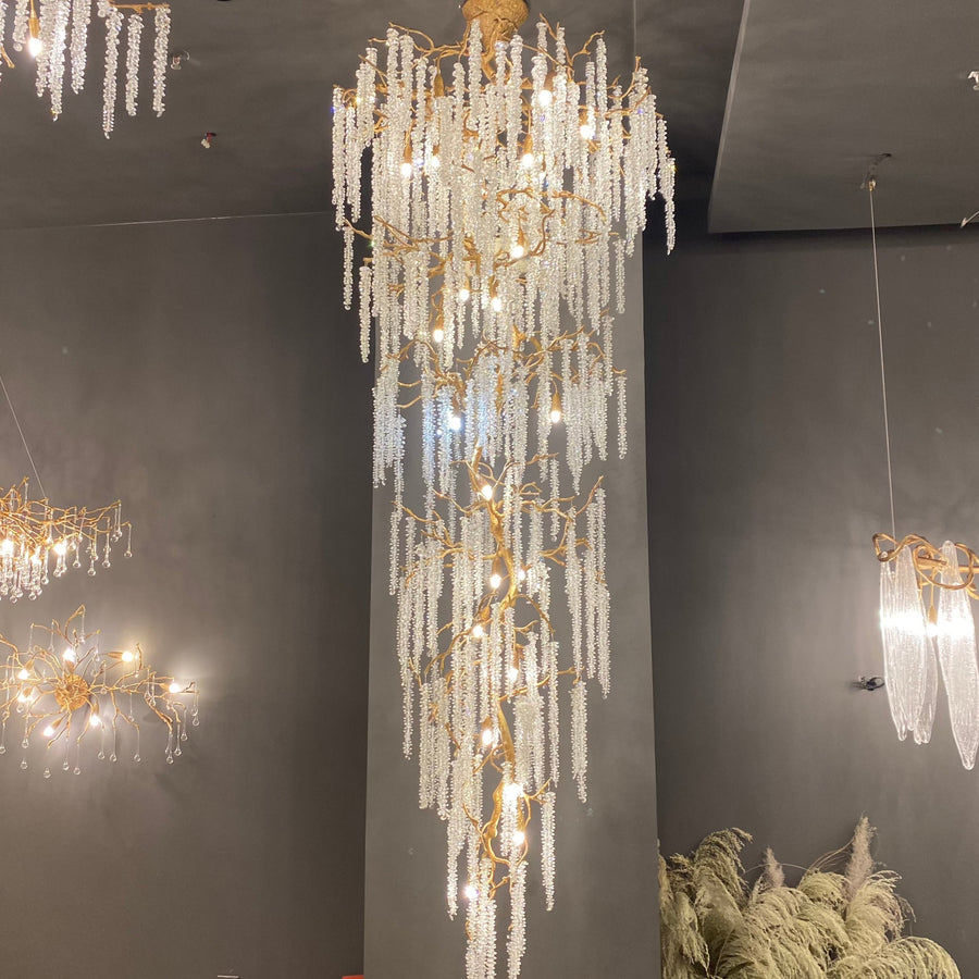 Branching Brass Chandelier with Hanging Crystal Icicles