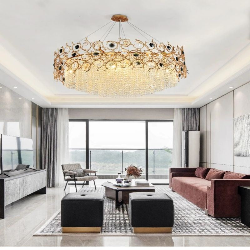 Branching Brass Chandelier with Octagonal Crystal Clusters