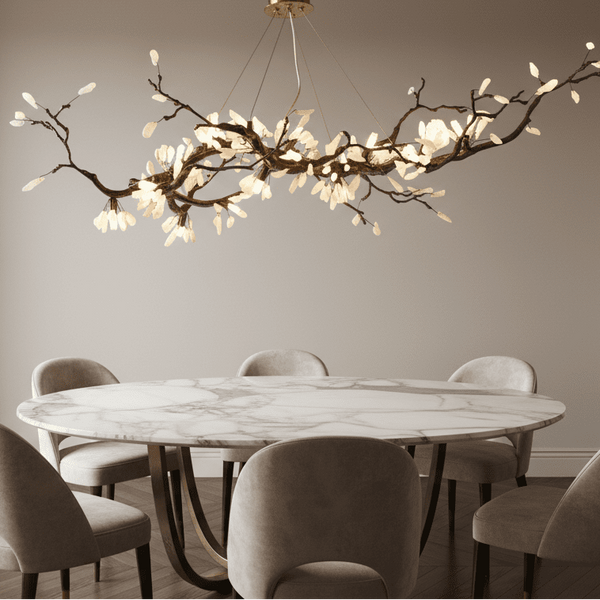 Branching Brass Chandelier with Selenite Blossoms