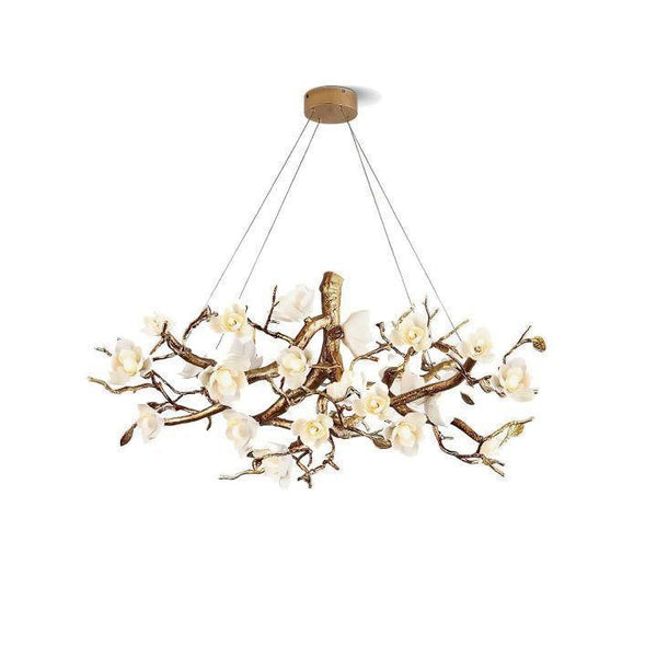 Branching Brass Chandelier with White Ceramic Flowers
