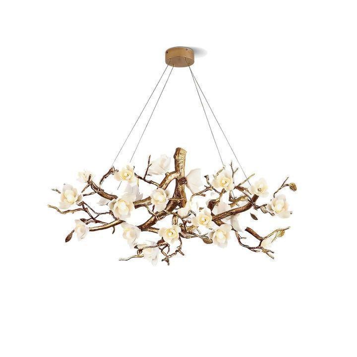 Branching Brass Chandelier with White Ceramic Flowers