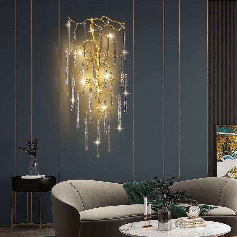 Branching Brass Copper Wall Sconce with Crystal Strands
