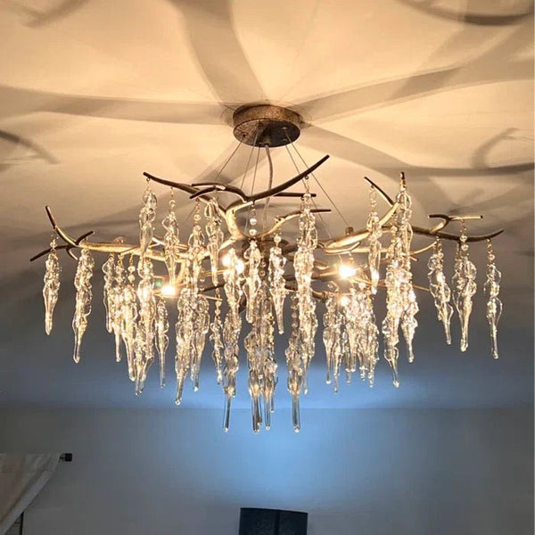 Branching Brass Frame Crystal Cluster Chandelier