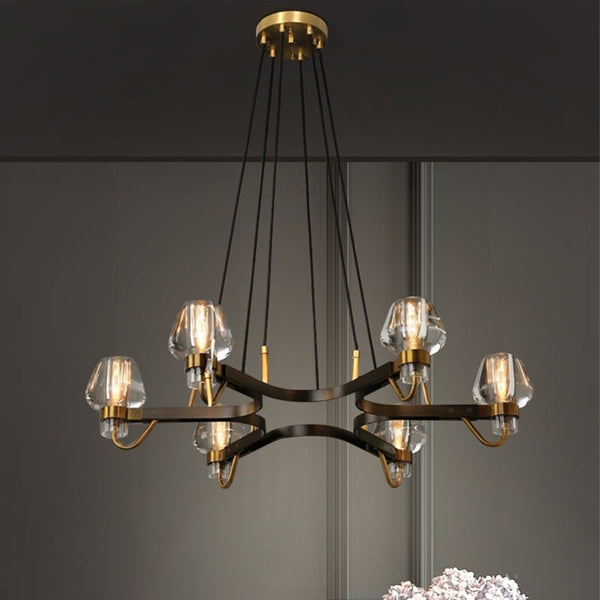 Branching Brass Ring Chandelier with Glass Shades