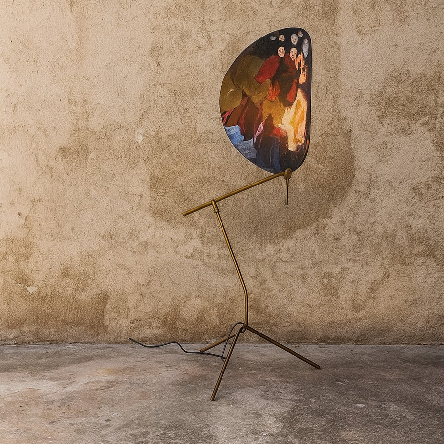 Branching Brass Twig Floor Lamp with Blue Glass Screen