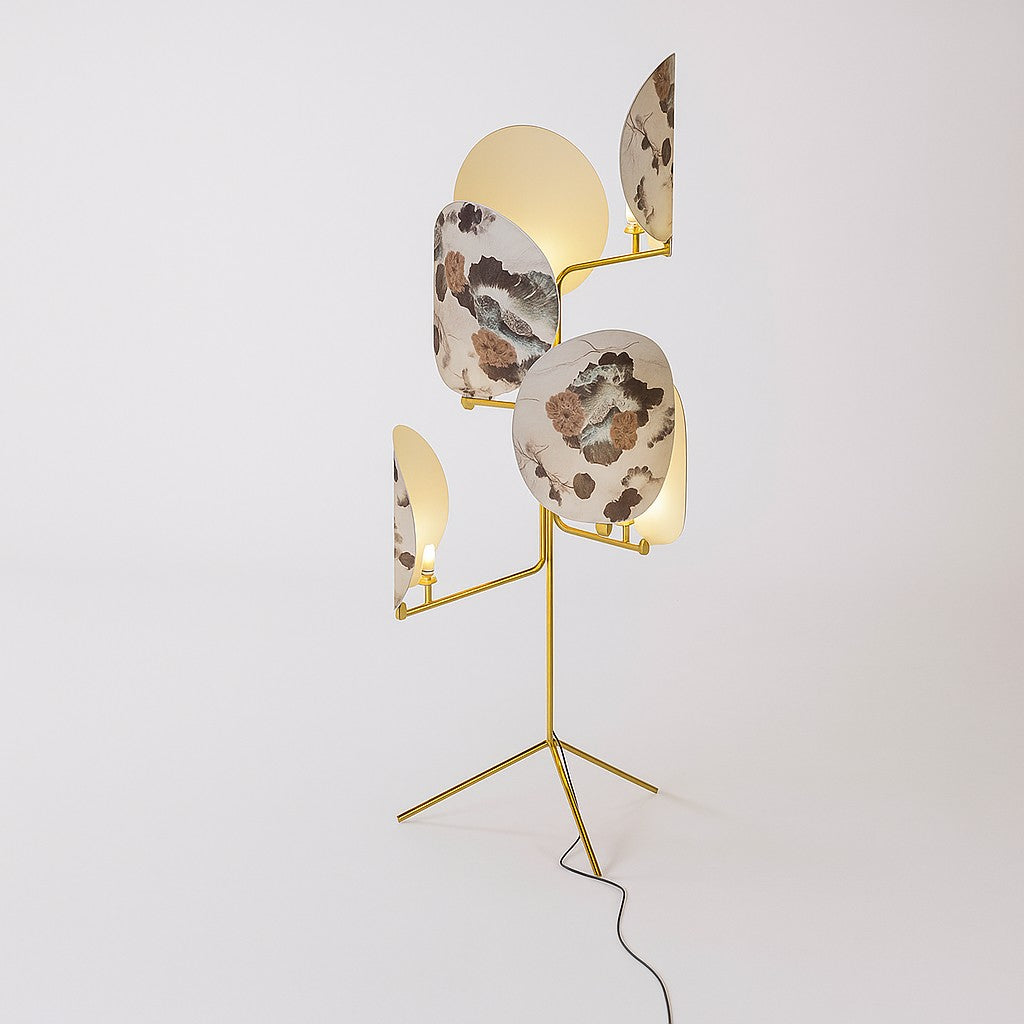 Branching Brass Twig Floor Lamp with Botanical Glass Screens