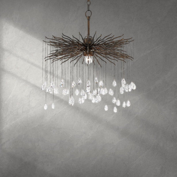 Branching Bronze Iron and Crystal Bead Chandelier