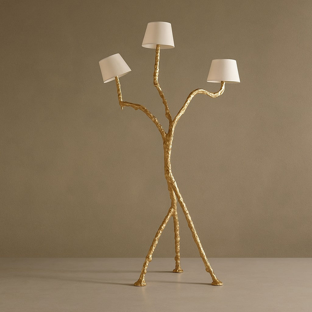 Branching Cast Bronze Floor Lamp with Fabric Shades