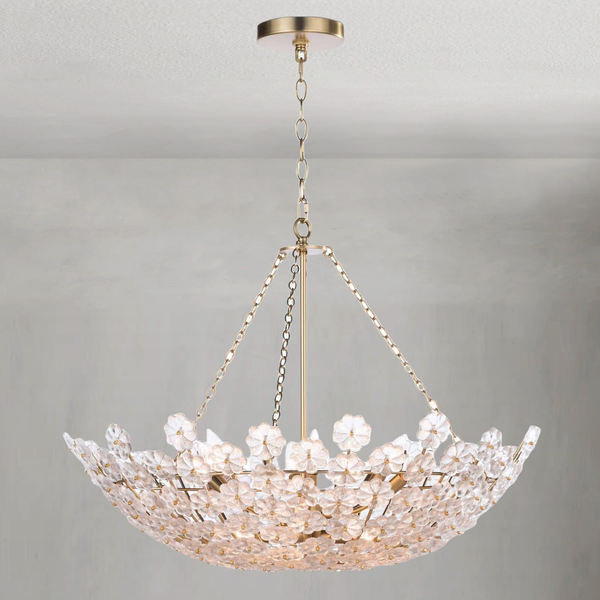 Branching Cast Glass Flower Brass Chandelier