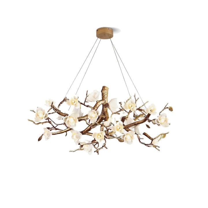Branching Ceramic Flower Cluster Brass Chandelier