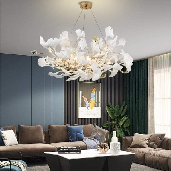 Branching Ceramic Ginkgo Petal Copper Chandelier