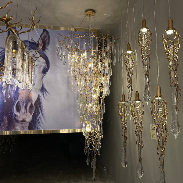 Branching Copper Chandelier with Crystal Bubble Drops