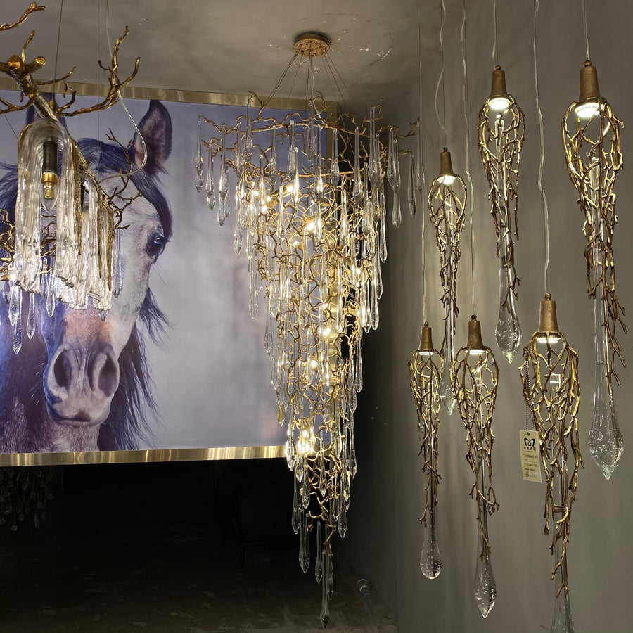 Branching Copper Chandelier with Crystal Bubble Drops