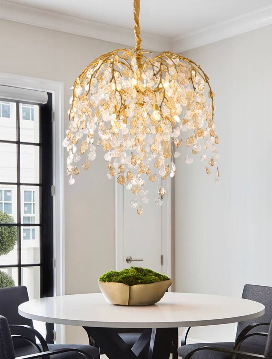 Branching Copper Chandelier with Crystal Heart Leaves