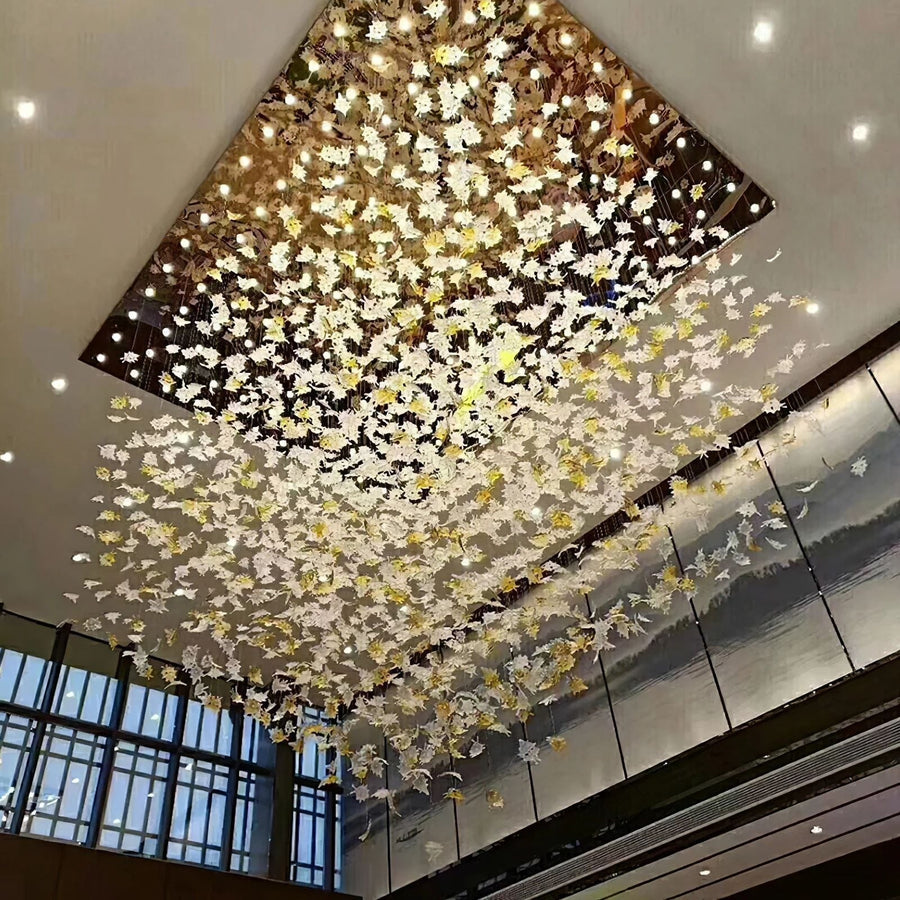 Branching Glass Maple Leaf Metal Chandelier