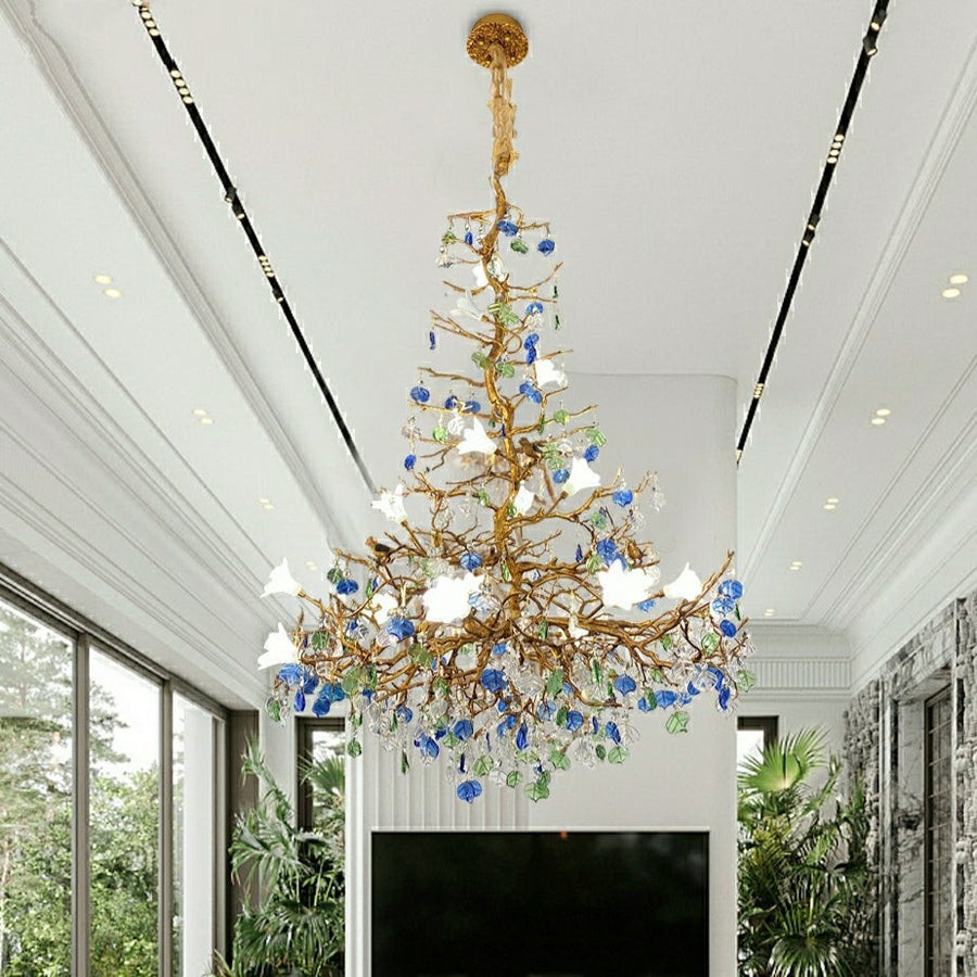 Branching Glazed Ceramic Bloom and Brass Chandelier