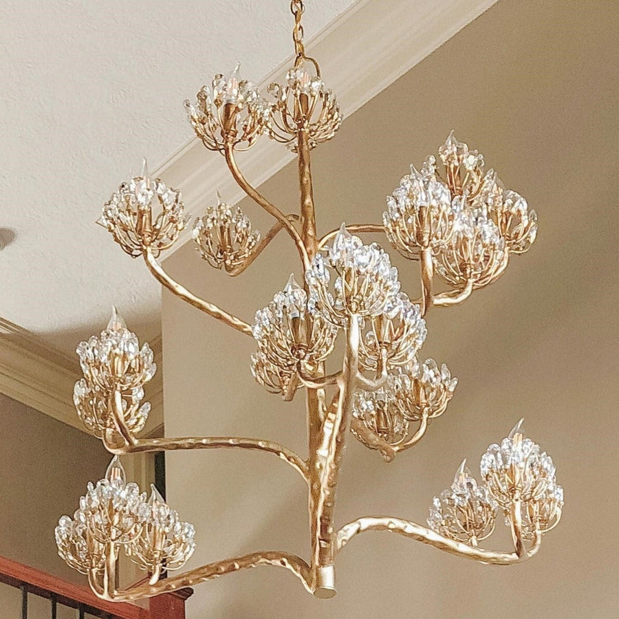 Branching Gold Leaf and Crystal Cluster Chandelier
