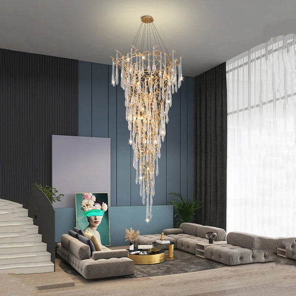 Branching Gold Leaf Steel and Raindrop Glass Chandelier