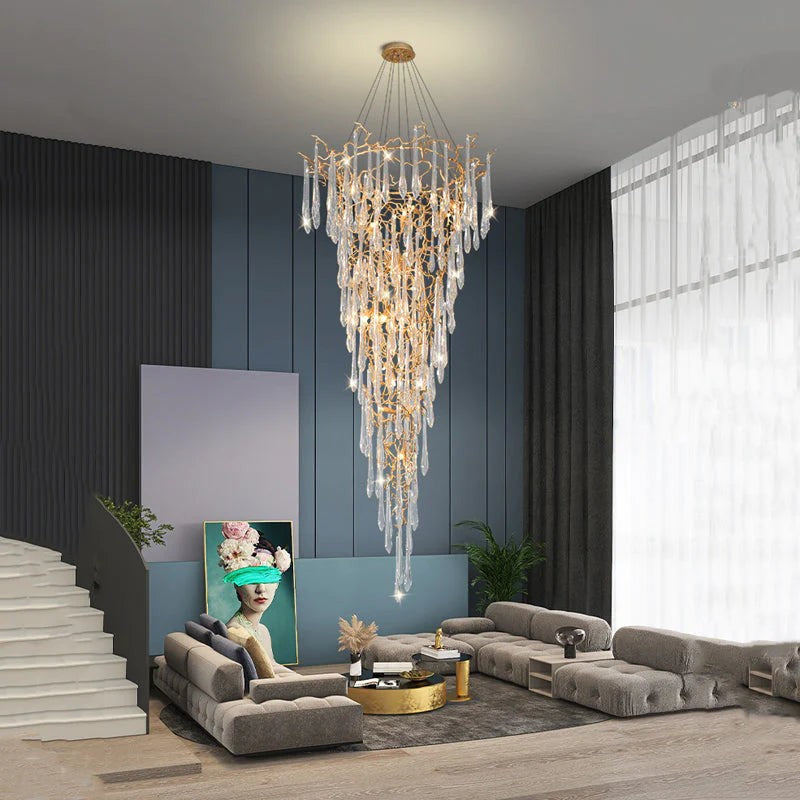 Branching Gold Leaf Steel and Raindrop Glass Chandelier