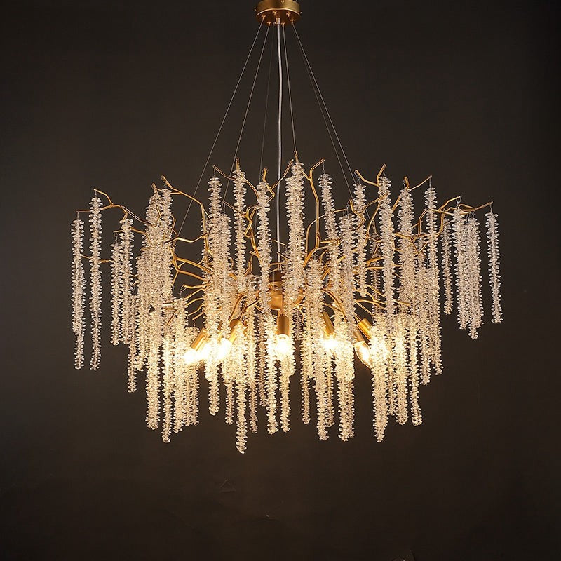 Branching Gold Metal and Crystal Chandelier