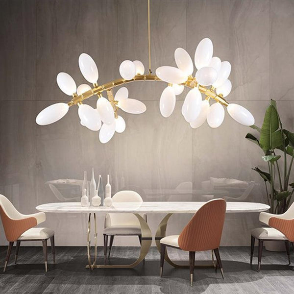 Branching Gold Vine Chandelier with Milk Glass Globes
