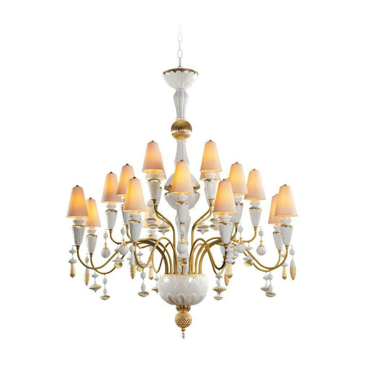 Branching Metal Chandelier with Pleated Porcelain Shades