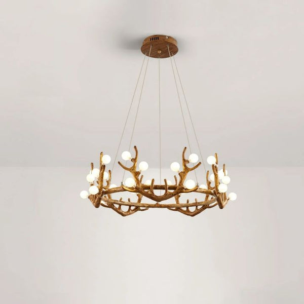 Branching Old Gold Resin Chandelier with White Glass Shades