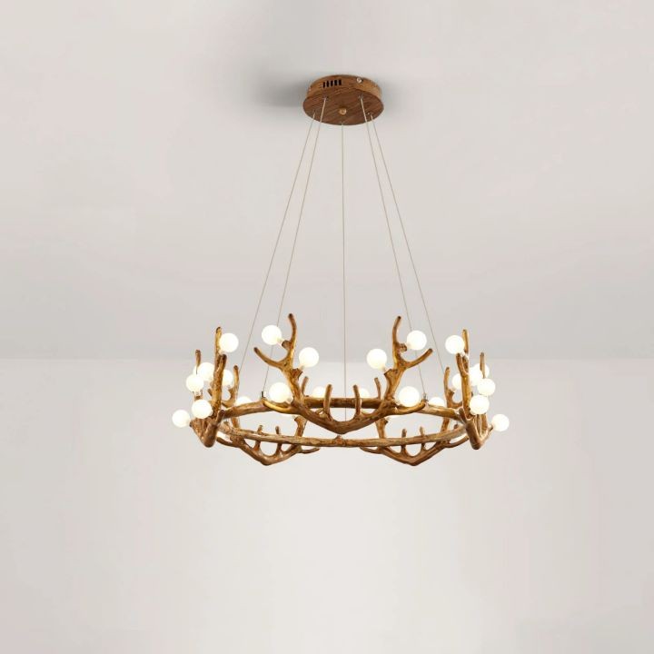 Branching Old Gold Resin Chandelier with White Glass Shades