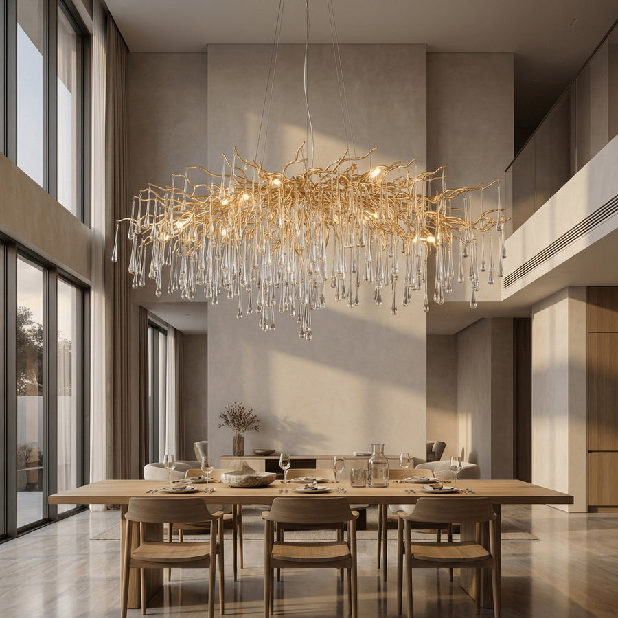 Branching Oval Metal and Crystal Teardrop Chandelier