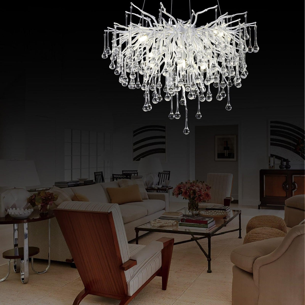 Branching Silver Metal and Crystal Raindrop Chandelier