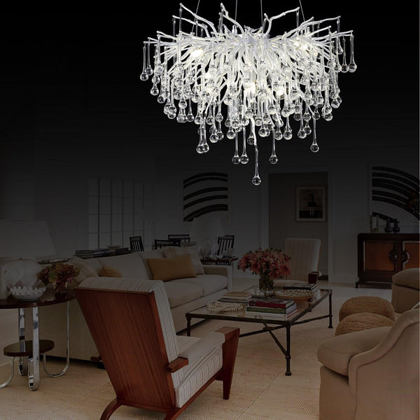 Branching Silver Metal and Crystal Raindrop Chandelier