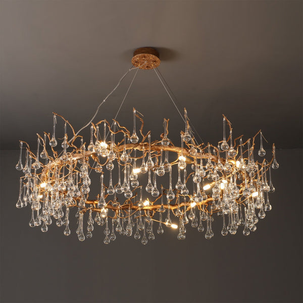 Branching Textured Brass and Crystal Teardrop Chandelier