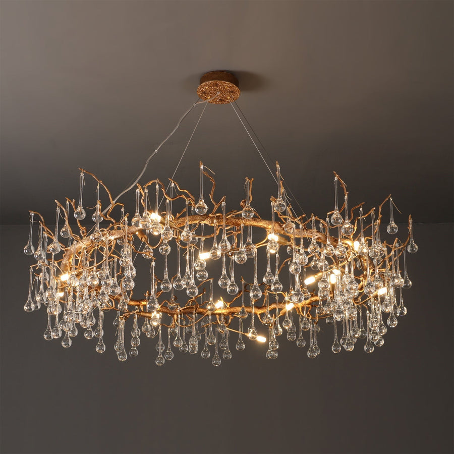Branching Textured Brass and Crystal Teardrop Chandelier
