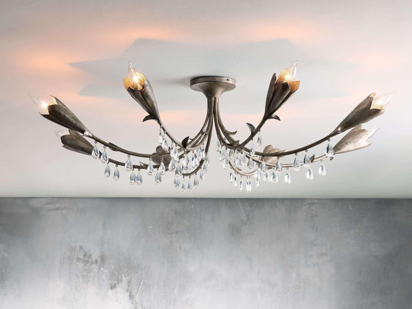 Branching Wrought Iron and Glass Flush Mount